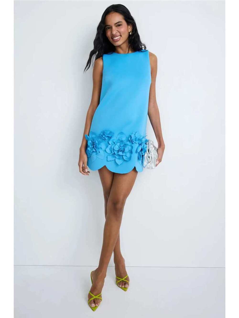 Badgley Mischka Embellished Laser-Cut Scuba Mini Dress Turquoise Blue Foral 3D